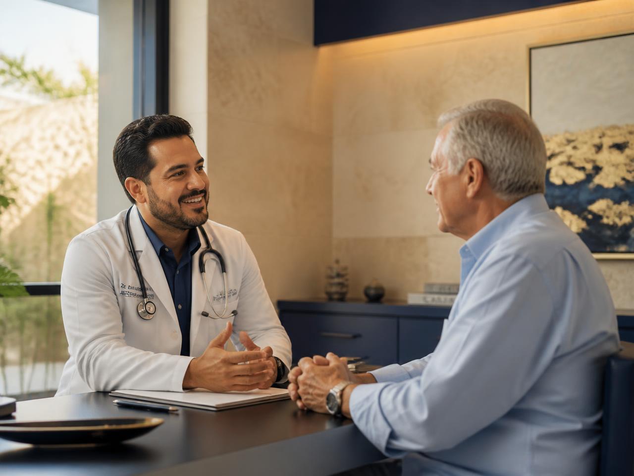 Mexican physician reviewing knee treatment options with an American patient at HORIZON in Tijuana